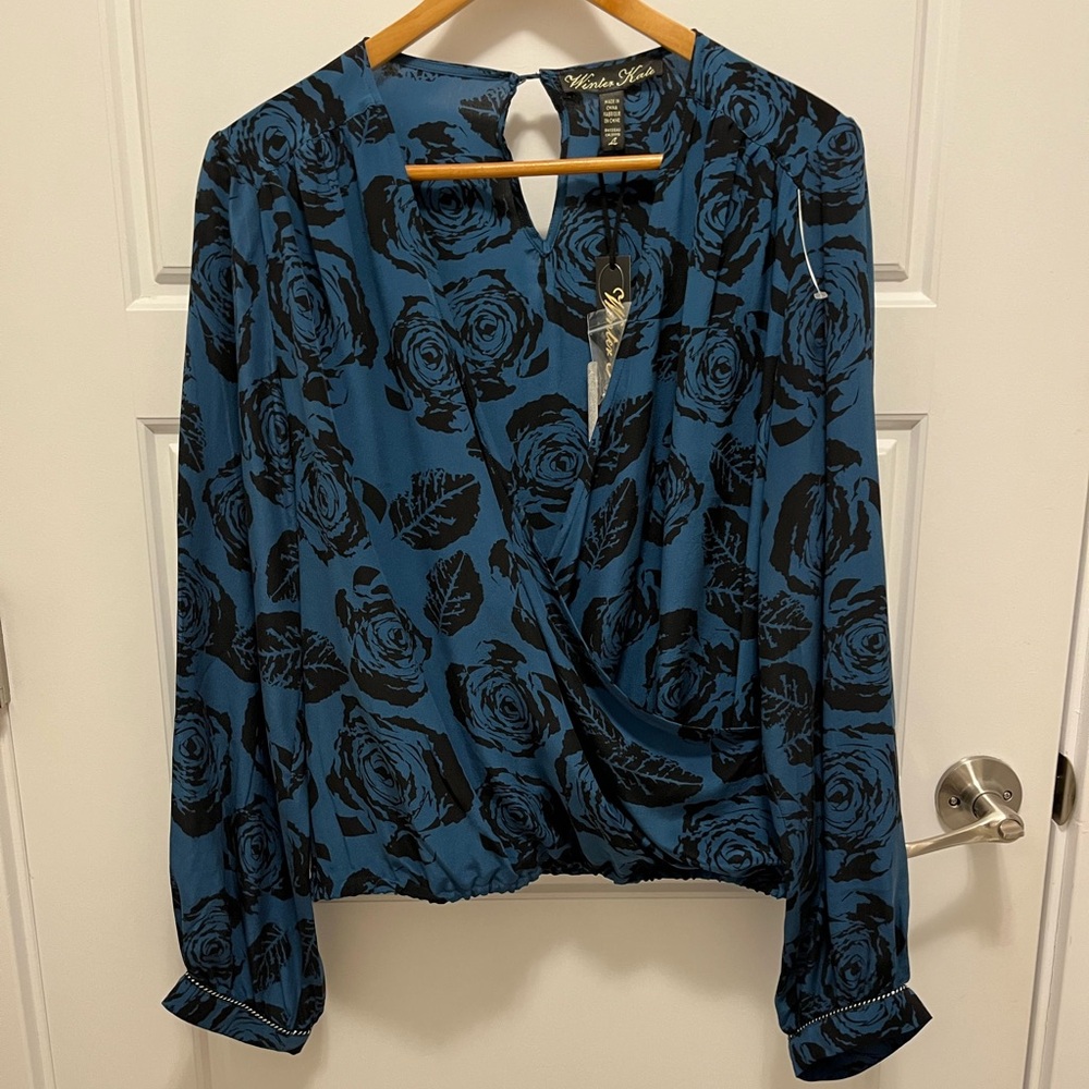 Winter Kate Silk Blue and Black Rose Blouse Size L